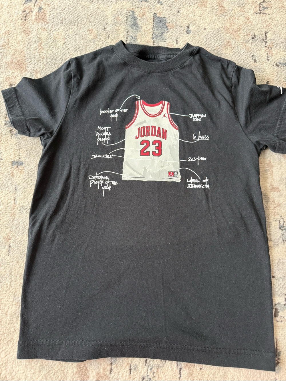 Jordan Black Tee with White Jersey Graphic and Red Accents